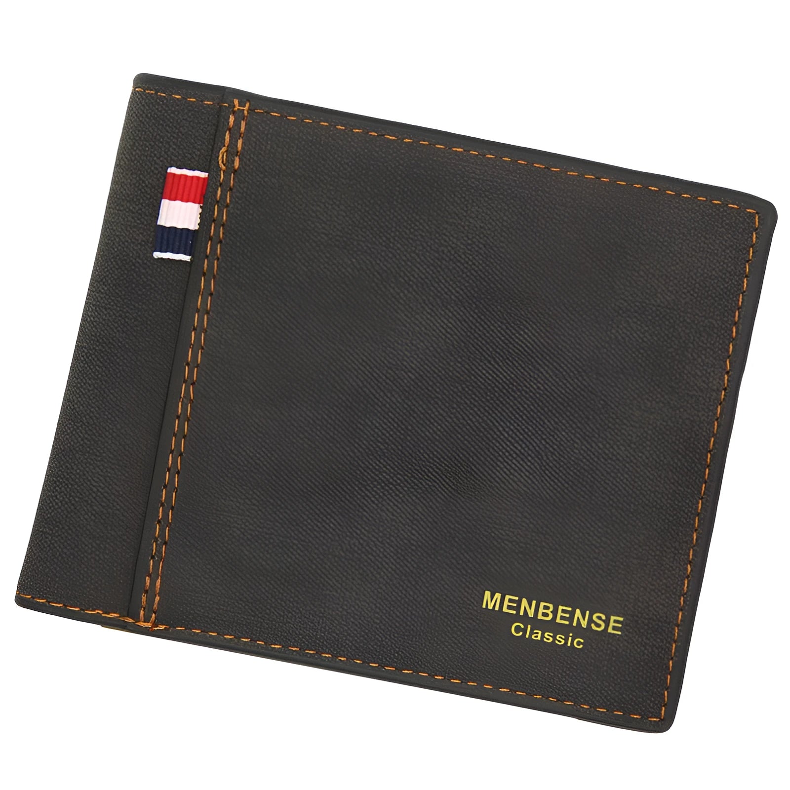 Men's black tri-fold leather-look wallet open to show multiple card slots and cash compartment