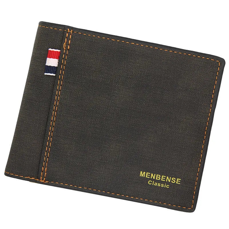 Men's retro tri-fold wallet shown open showing multiple card slots and cash compartment