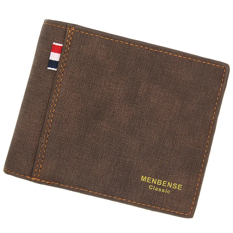 Men's black tri-fold leather-look wallet open to show multiple card slots and cash compartment