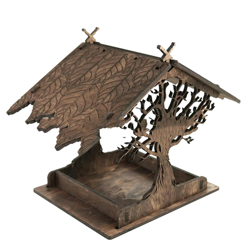 Wooden hanging bird feeder in wood colour or carbonized colour, shape A, B, or C, for garden outdoor pendant decoration.
