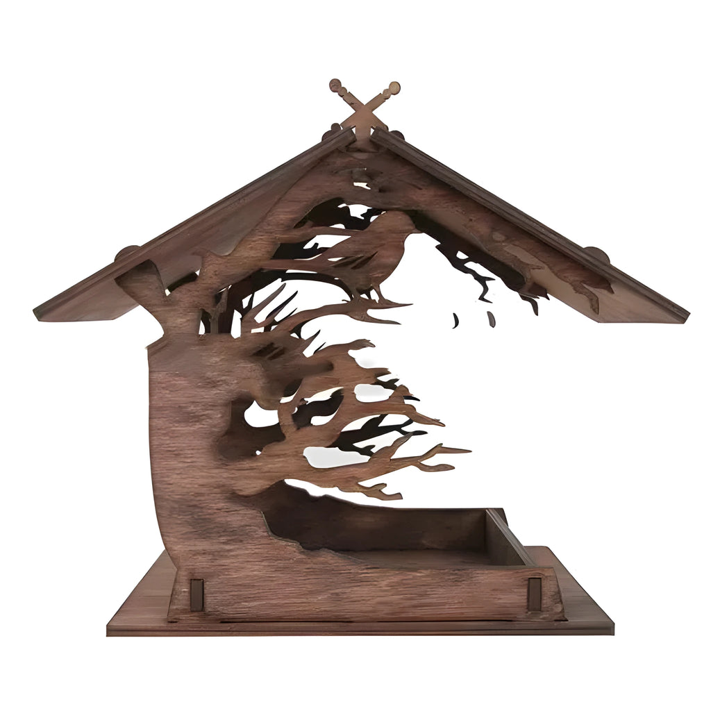 Wooden hanging bird feeder in wood colour or carbonized colour, shape A, B, or C, for garden outdoor pendant decoration.