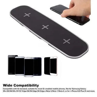 Black and white 3-in-1 Qi wireless charging pad for mobile phones and earbuds