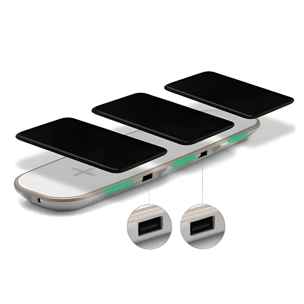 Black and white 3-in-1 Qi wireless charging pad for mobile phones and earbuds