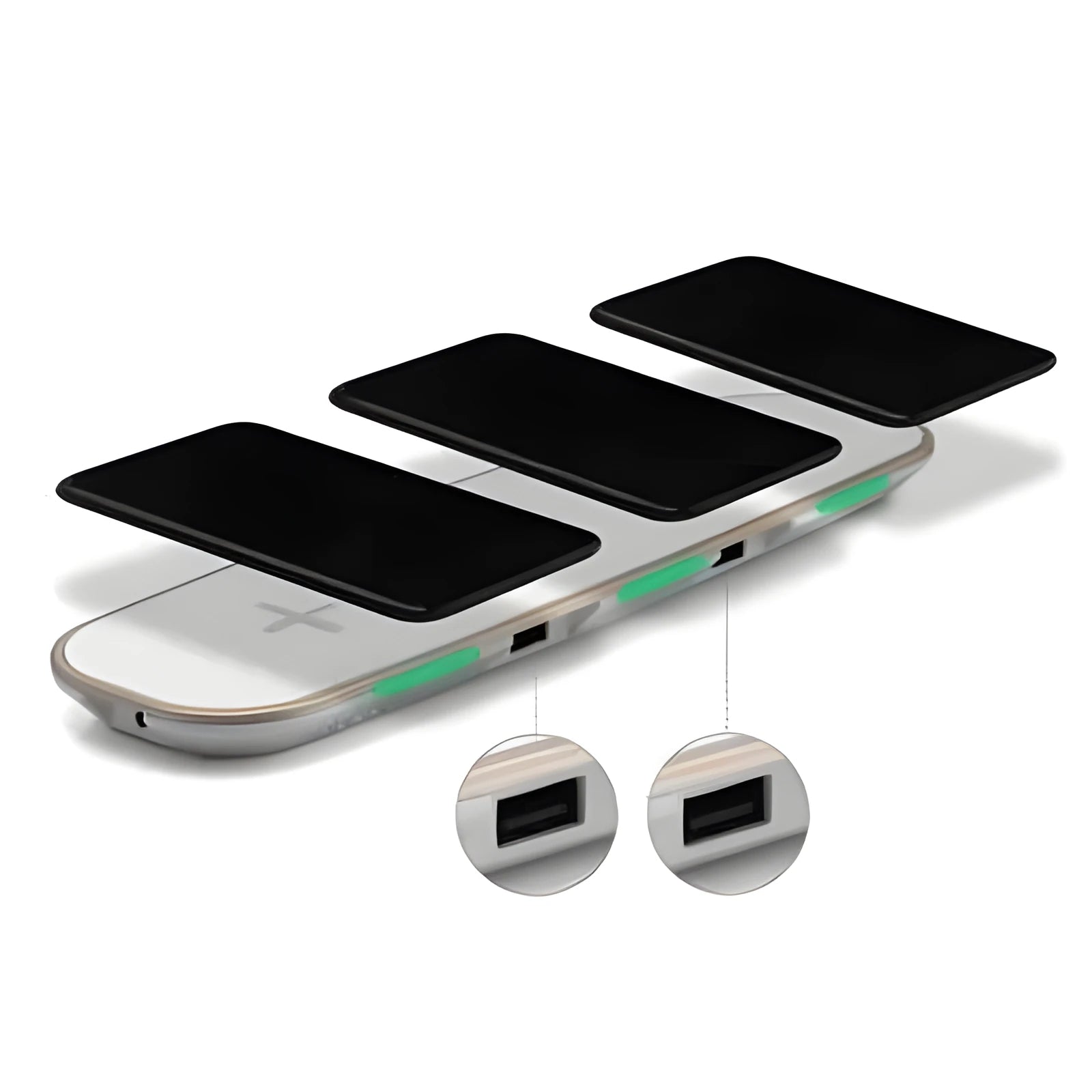 Black and white 3-in-1 Qi wireless charging pad for mobile phones and earbuds