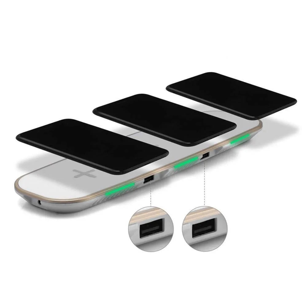 Black and white 3-in-1 Qi wireless charging pad for mobile phones and earbuds