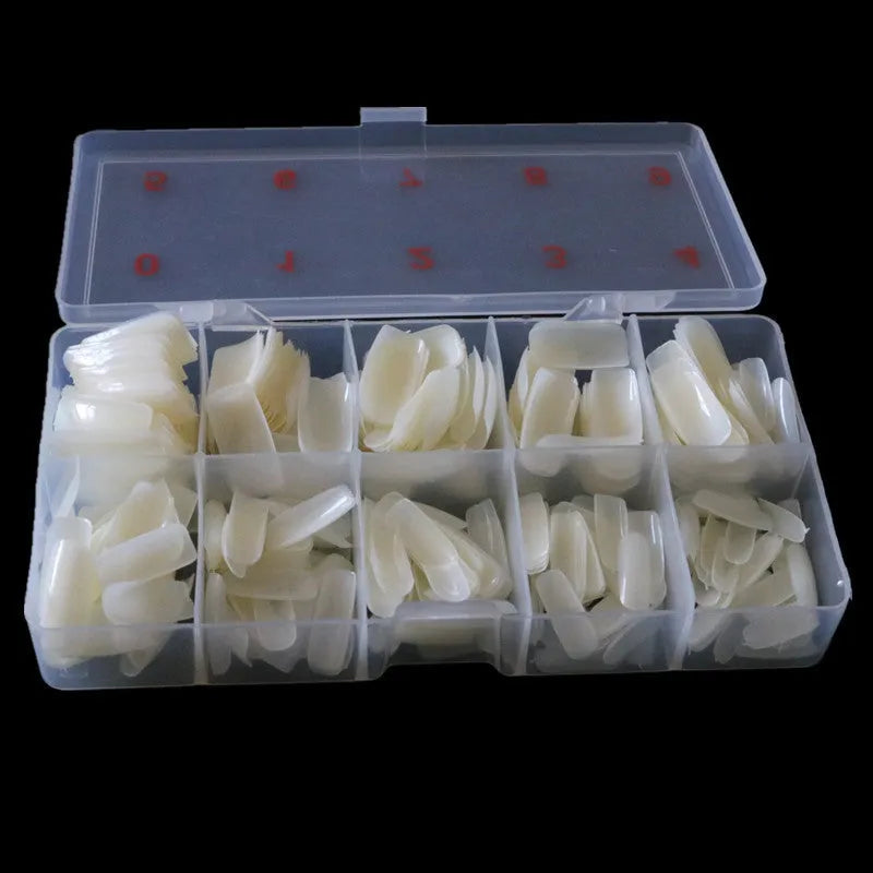 500-piece nail armour box with transparent, natural, and white fake nail pieces