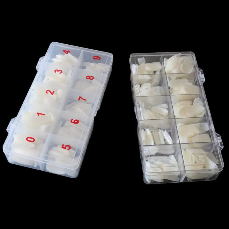 500-piece nail armour box with transparent, natural, and white fake nail pieces