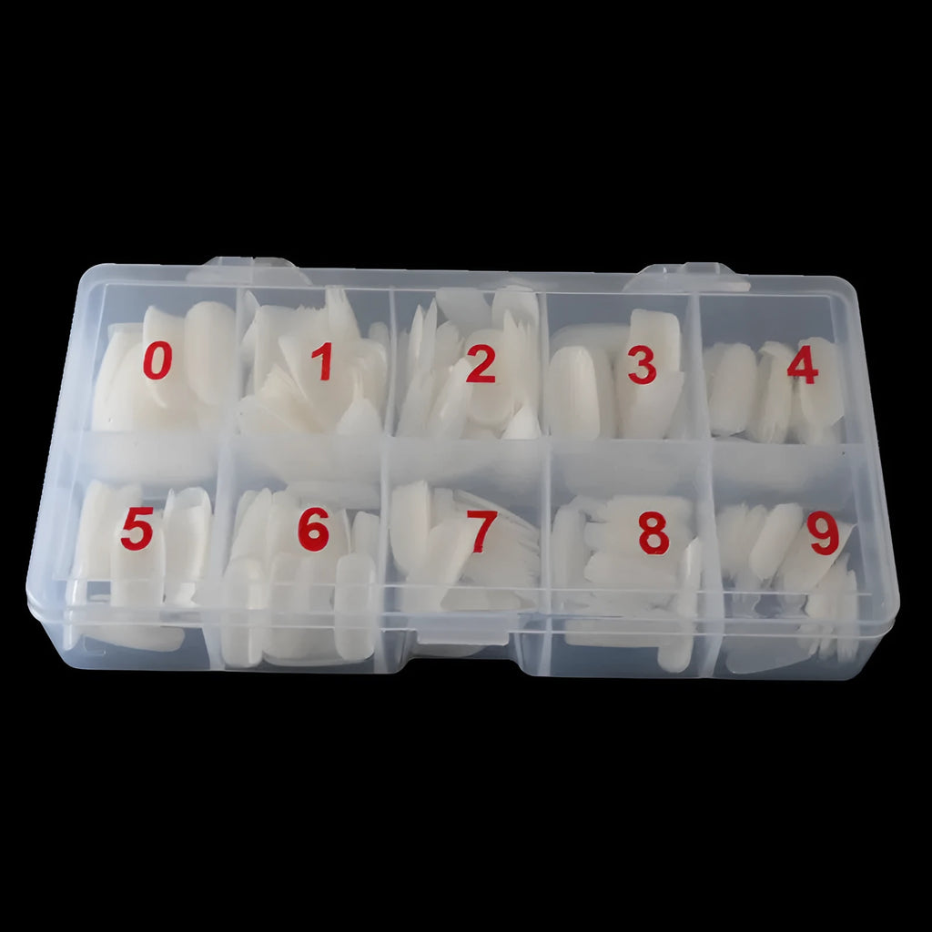 500-piece nail armour box with transparent, natural, and white fake nail pieces