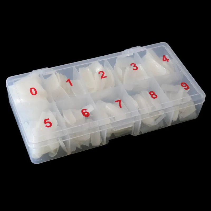 500-piece nail armour box with transparent, natural, and white fake nail pieces