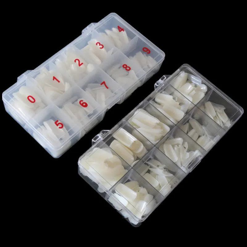 500-piece nail armour box with transparent, natural, and white fake nail pieces