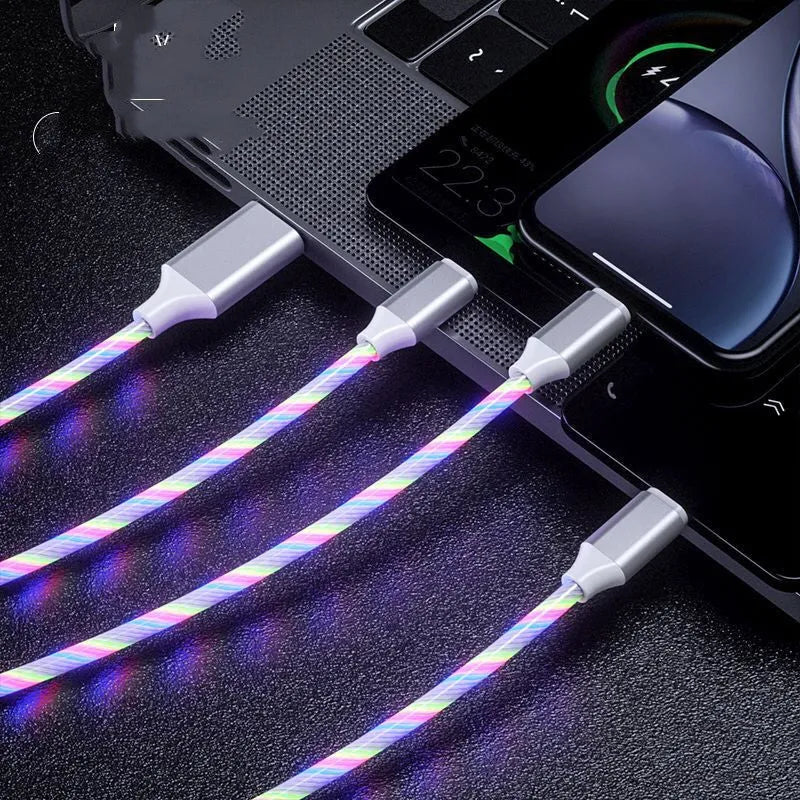 One For Three USB data cable with blue streamers splitting into three connectors.
