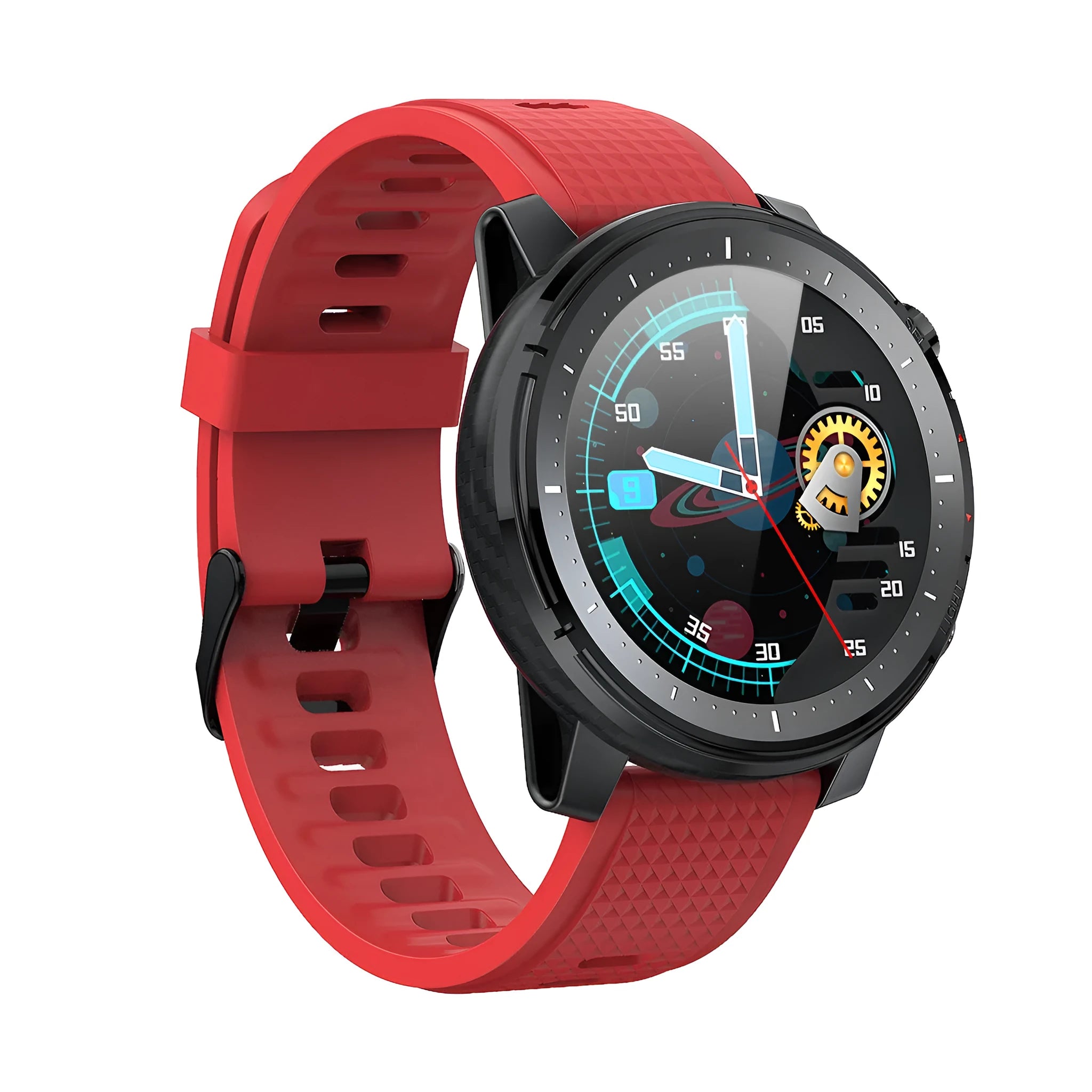 Black or red L15 Android smart watch with round dial and silicone strap, showing 1.3-inch screen.