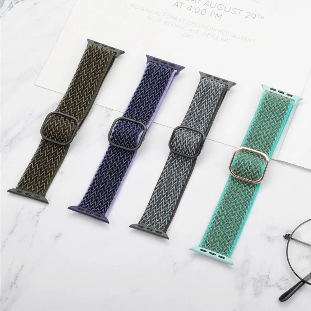 Braided nylon wave-pattern elastic strap for Apple Watch in multiple colours.