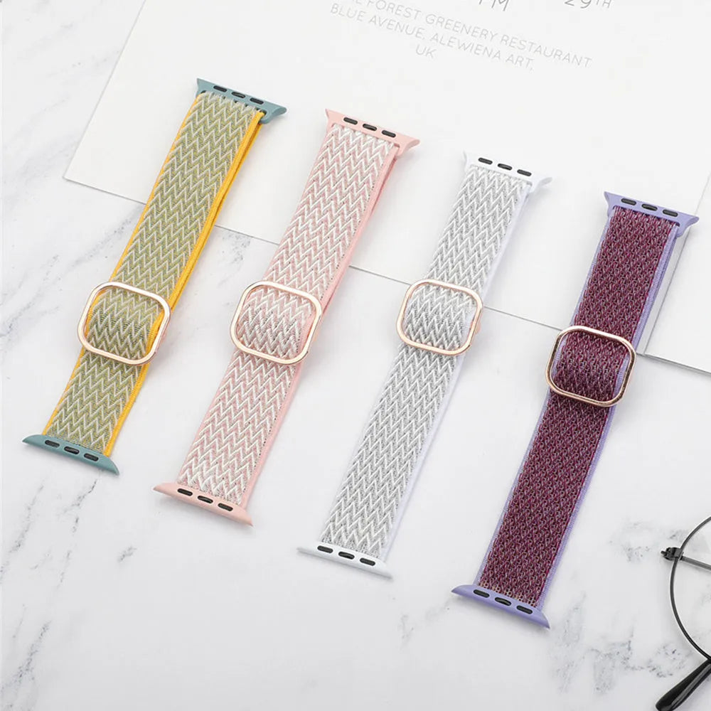 Braided nylon wave-pattern elastic strap for Apple Watch in multiple colours.