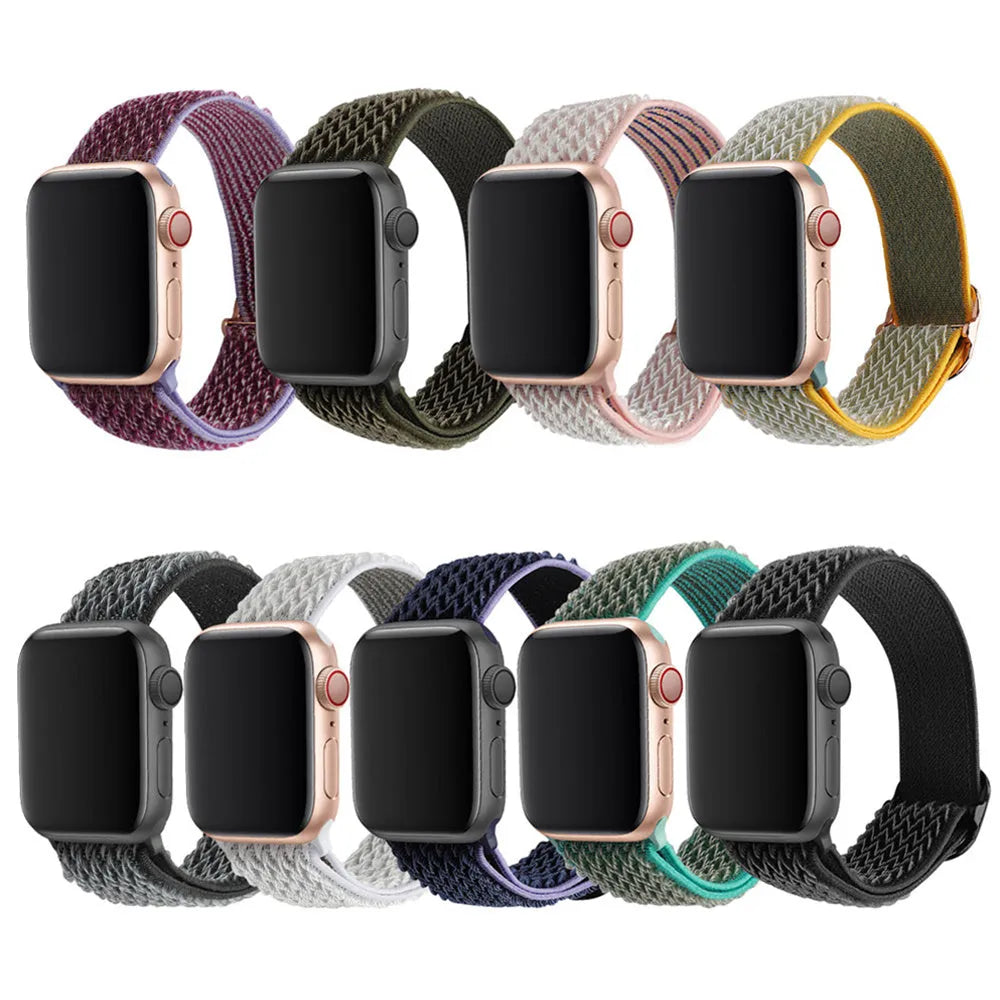 Braided nylon wave-pattern elastic strap for Apple Watch in multiple colours.