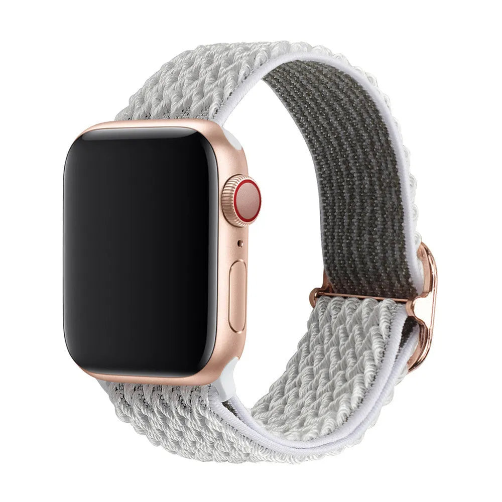 Braided nylon wave-pattern elastic strap for Apple Watch in multiple colours.