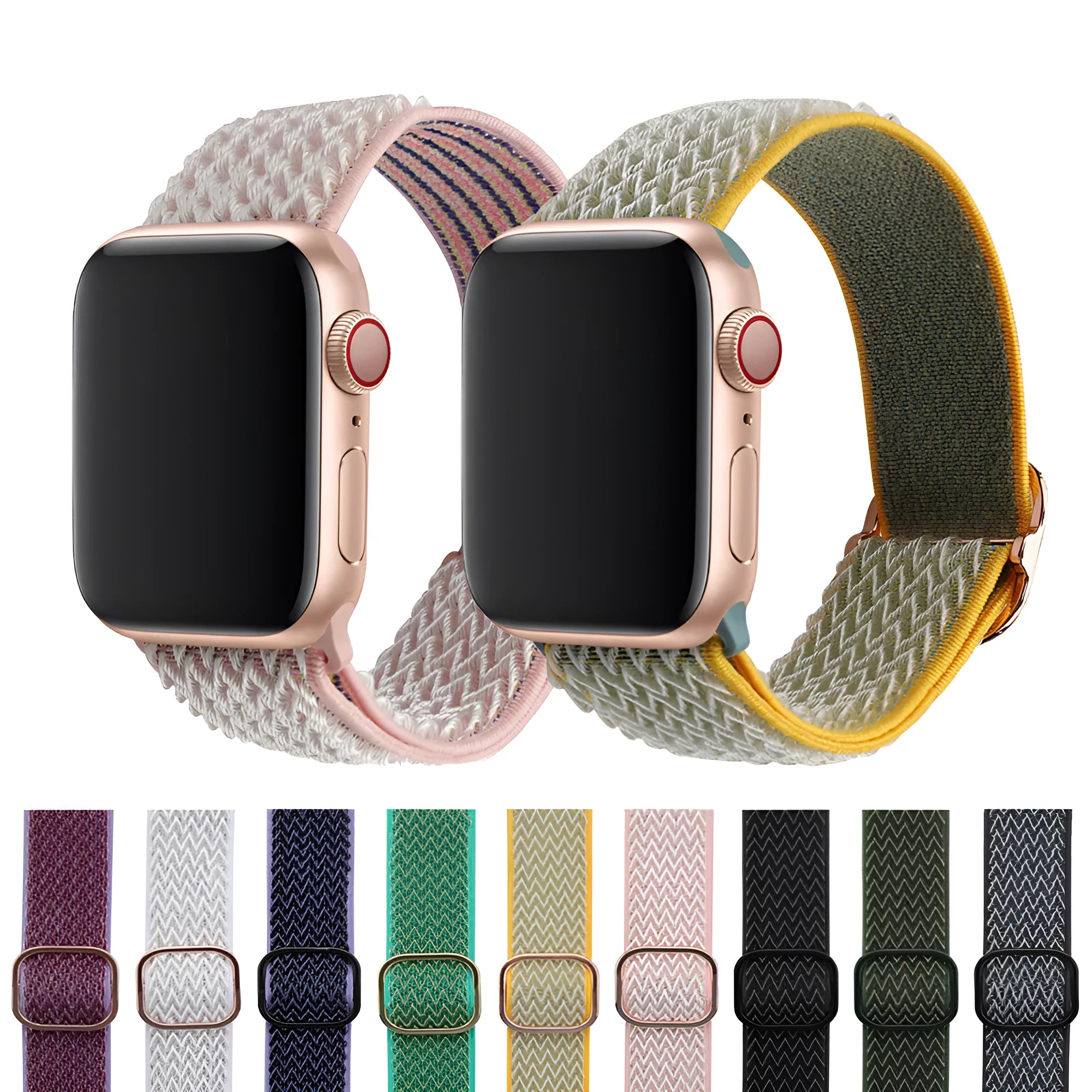 Braided nylon wave-pattern elastic strap for Apple Watch in multiple colours.