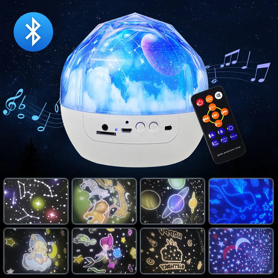 Starry sky projector lamp measuring 133x127mm with plastic shade and film discs for cosmic or constellation patterns