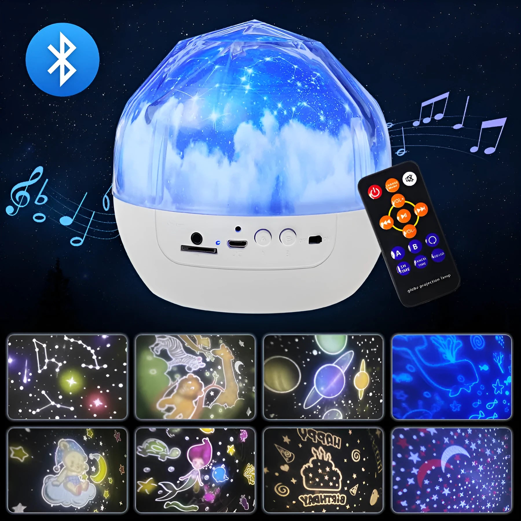 Starry sky projector lamp measuring 133x127mm with plastic shade and film discs for cosmic or constellation patterns