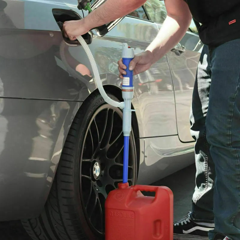 Blue manual hand siphon pump for transferring fuel, oil, and liquids.