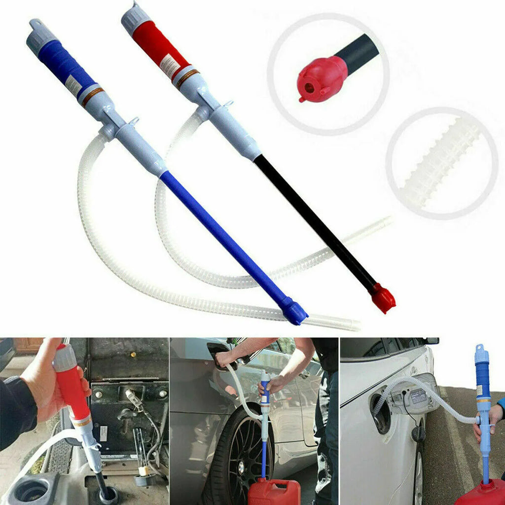 Blue manual hand siphon pump for transferring fuel, oil, and liquids.