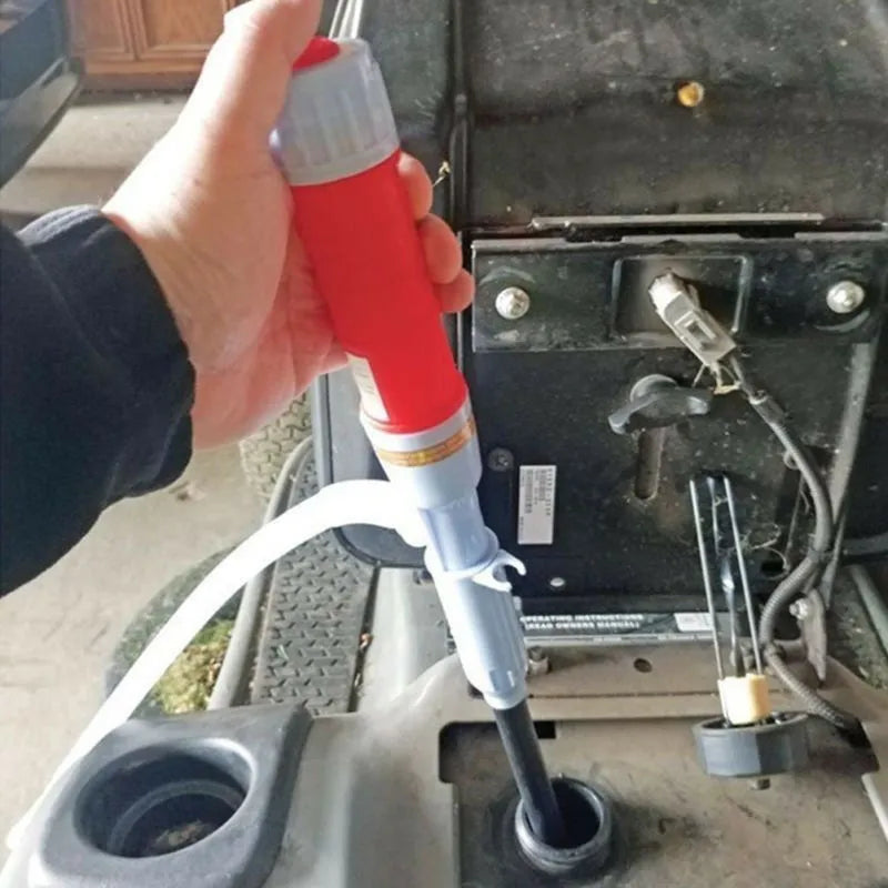 Blue manual hand siphon pump for transferring fuel, oil, and liquids.