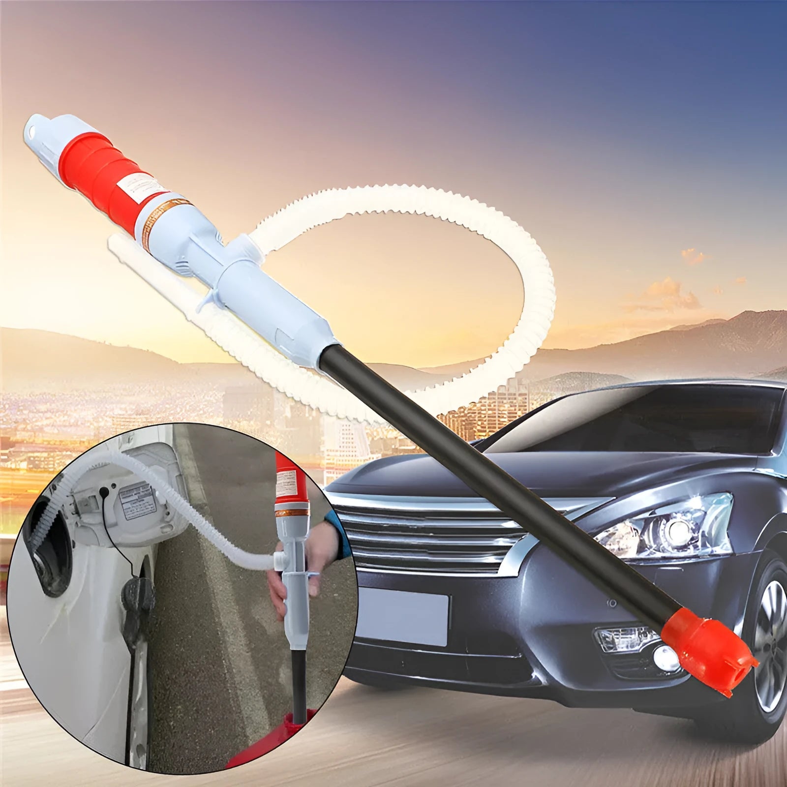 Blue manual hand siphon pump for transferring fuel, oil, and liquids.