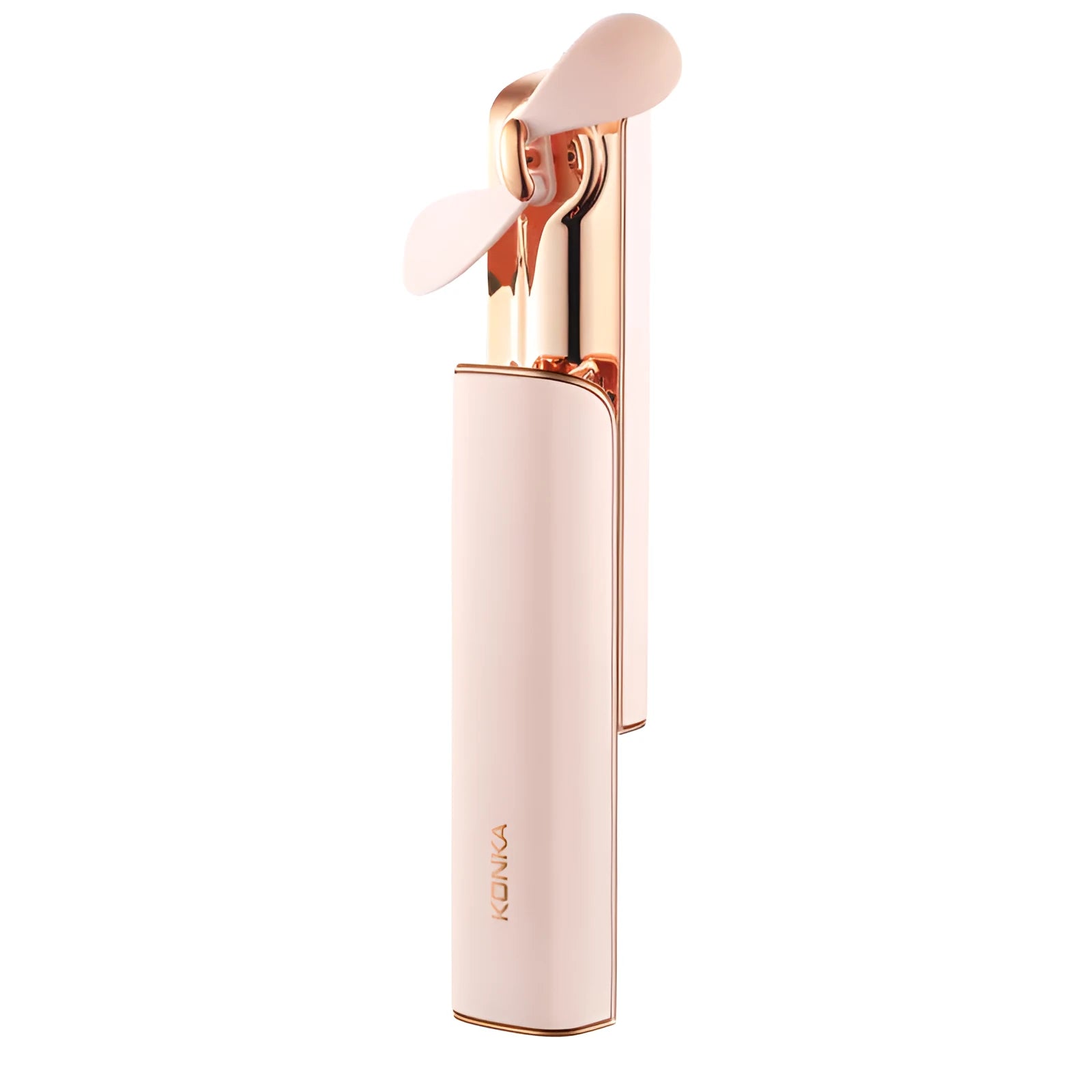 Pink handheld folding fan with USB charging port and two-speed mechanical switch.