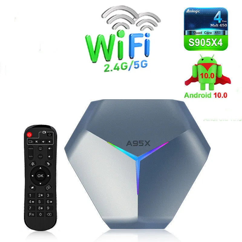Android TV set-top box with remote control, HD cable, and power adapter on a table.