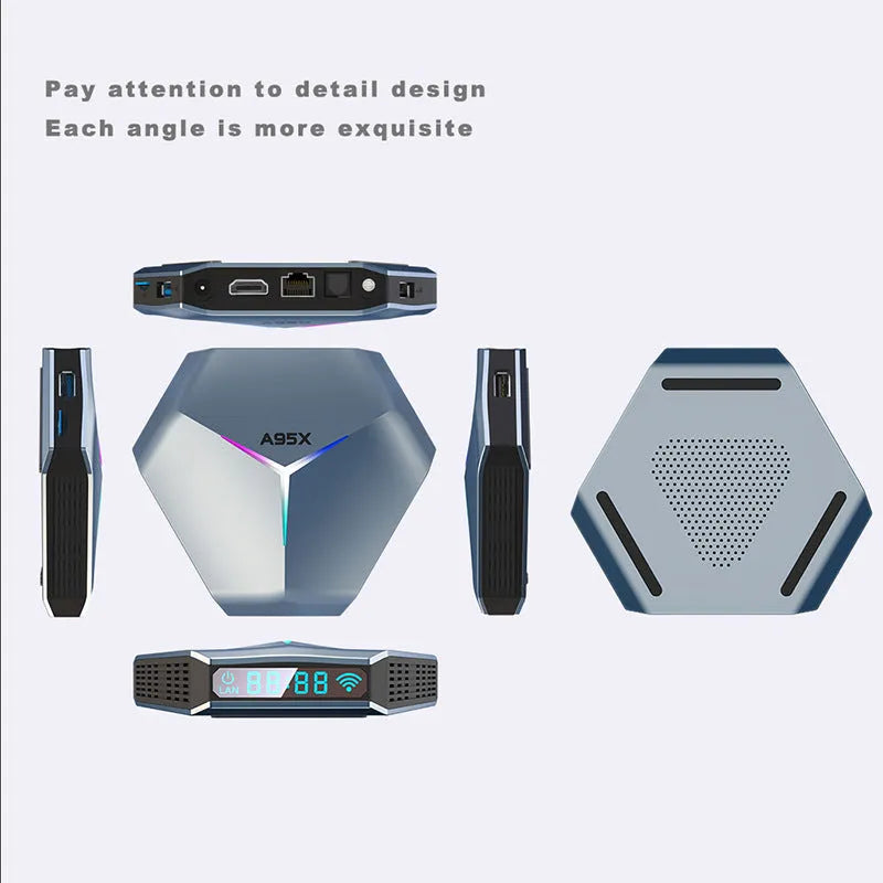 Android TV set-top box with remote control, HD cable, and power adapter on a table.