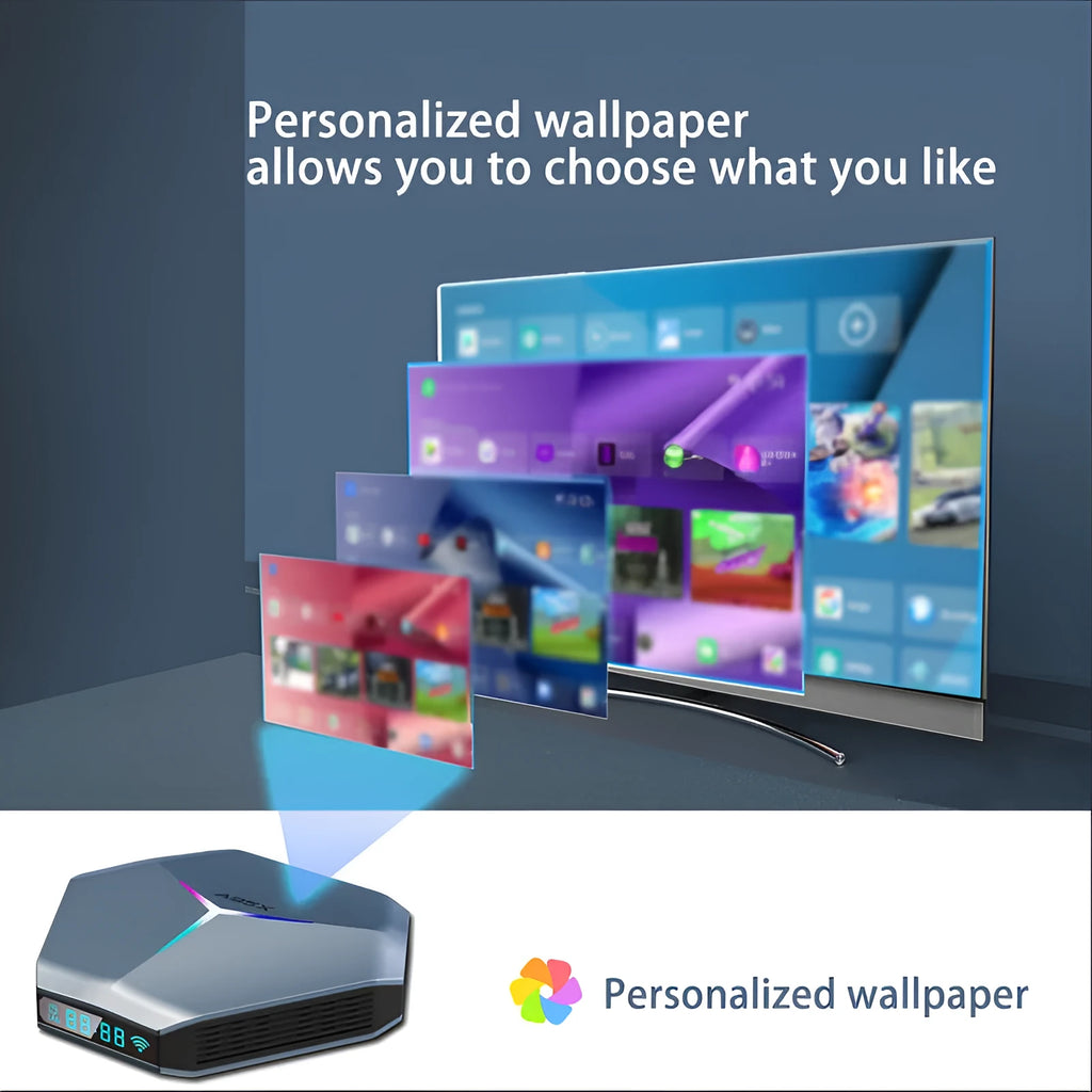 Android 8K TV set-top box with remote control, HD cable, and UK power adapter.