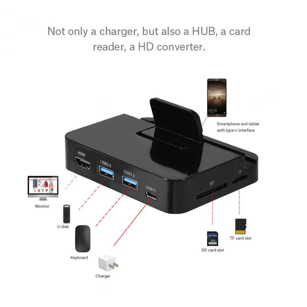Compact black USB-C mobile phone converter dock with a single port on a minimalist base.