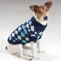 Blue and pink acrylic knit dog sweaters shown on white background, six sizes XS-XXL available