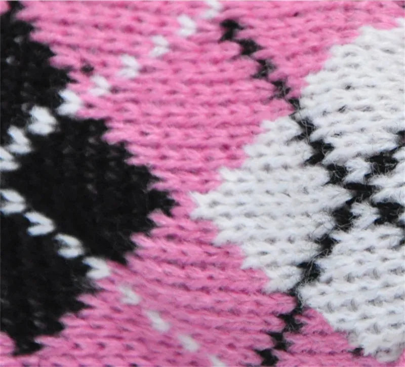 Blue and pink acrylic knit dog sweaters shown on white background, six sizes XS-XXL available