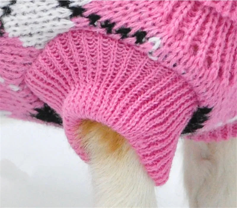 Blue and pink acrylic knit dog sweaters shown on white background, six sizes XS-XXL available
