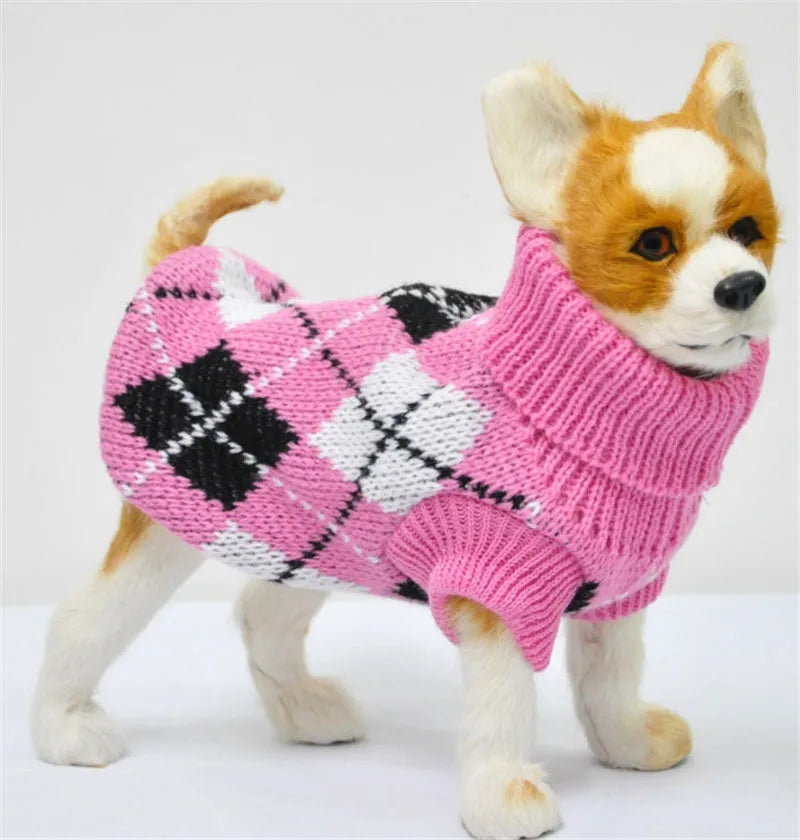 Blue and pink acrylic knit dog sweaters shown on white background, six sizes XS-XXL available