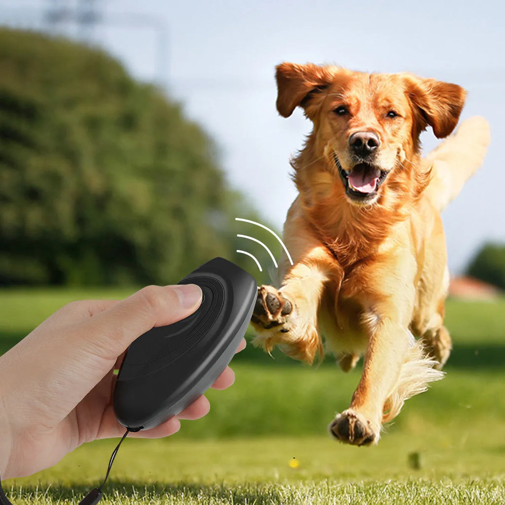 Ultrasonic dog repeller and bark control trainer in black or grey, 40g plastic handheld device, 50g gross weight.