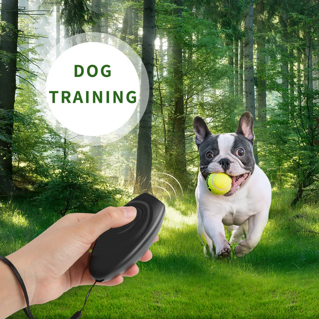 Ultrasonic dog repeller and bark control trainer in black or grey, 40g plastic handheld device, 50g gross weight.