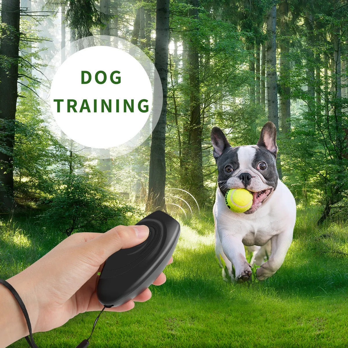 Ultrasonic dog repeller and bark control trainer in black or grey, 40g plastic handheld device, 50g gross weight.
