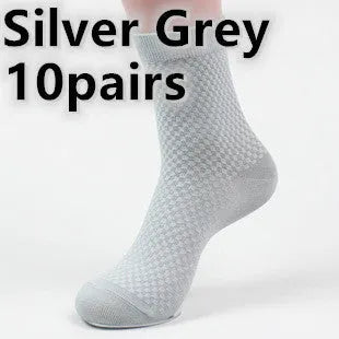 Men's bamboo fibre business socks in a small square pattern, shown in silver grey colour.
