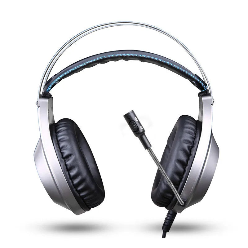 Black wired USB gaming headset with microphone for PC computers, showing over-ear design and straight plug
