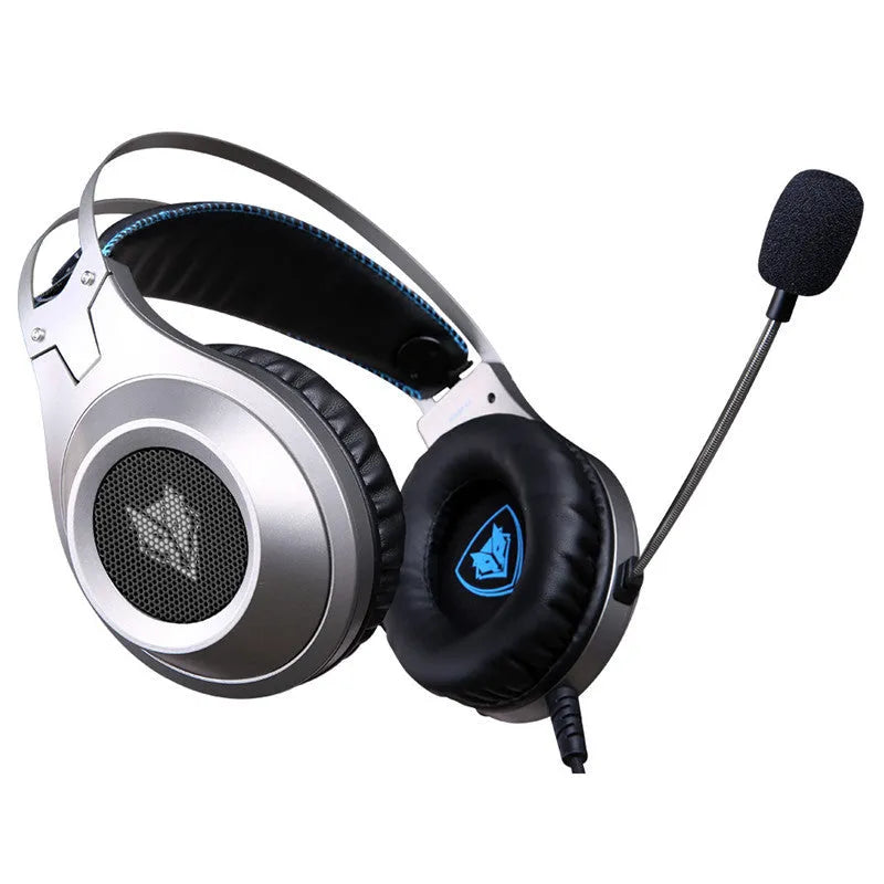 Black wired USB gaming headset with microphone for PC computers, showing over-ear design and straight plug