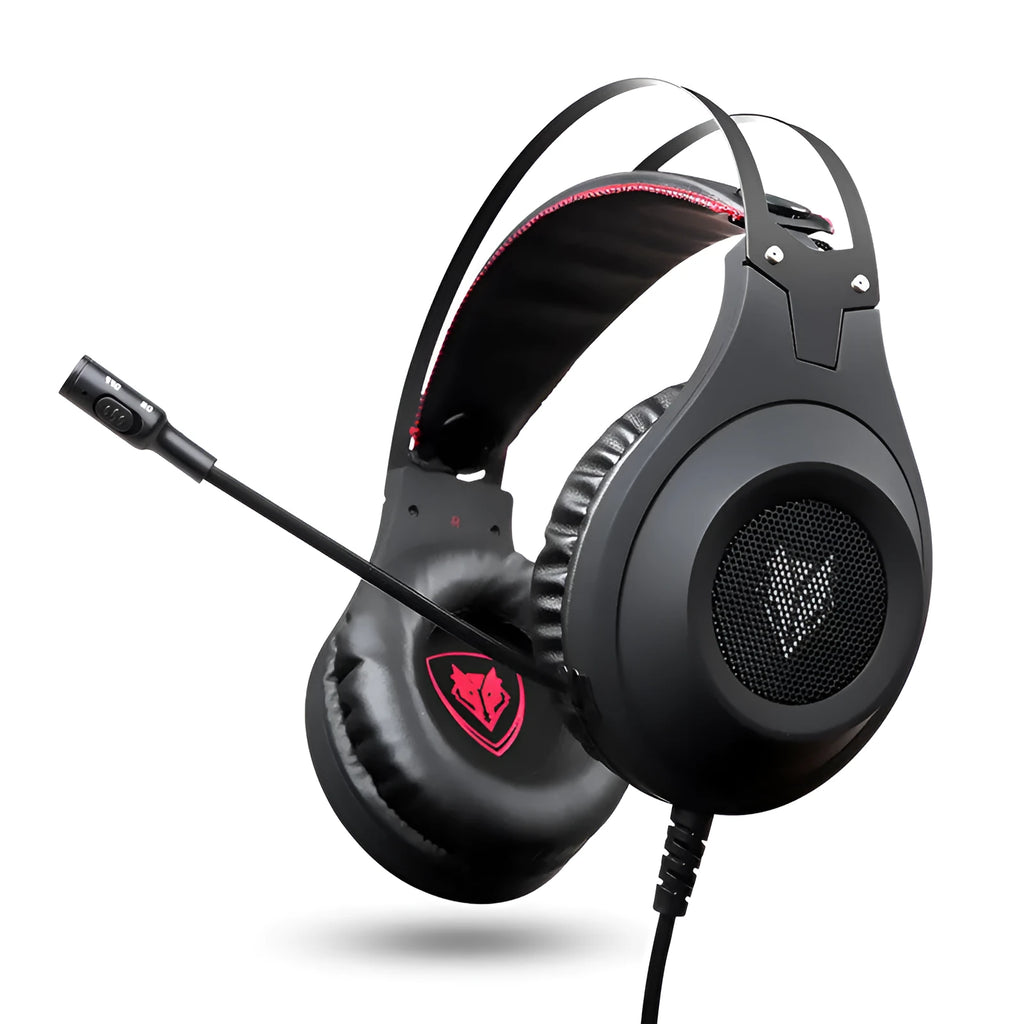 Black wired USB gaming headset with microphone for PC computers, showing over-ear design and straight plug