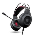 Black wired USB gaming headset with microphone for PC computers, showing over-ear design and straight plug