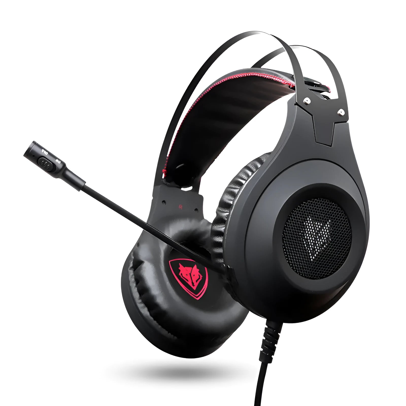 Black wired USB gaming headset with microphone for PC computers, showing over-ear design and straight plug