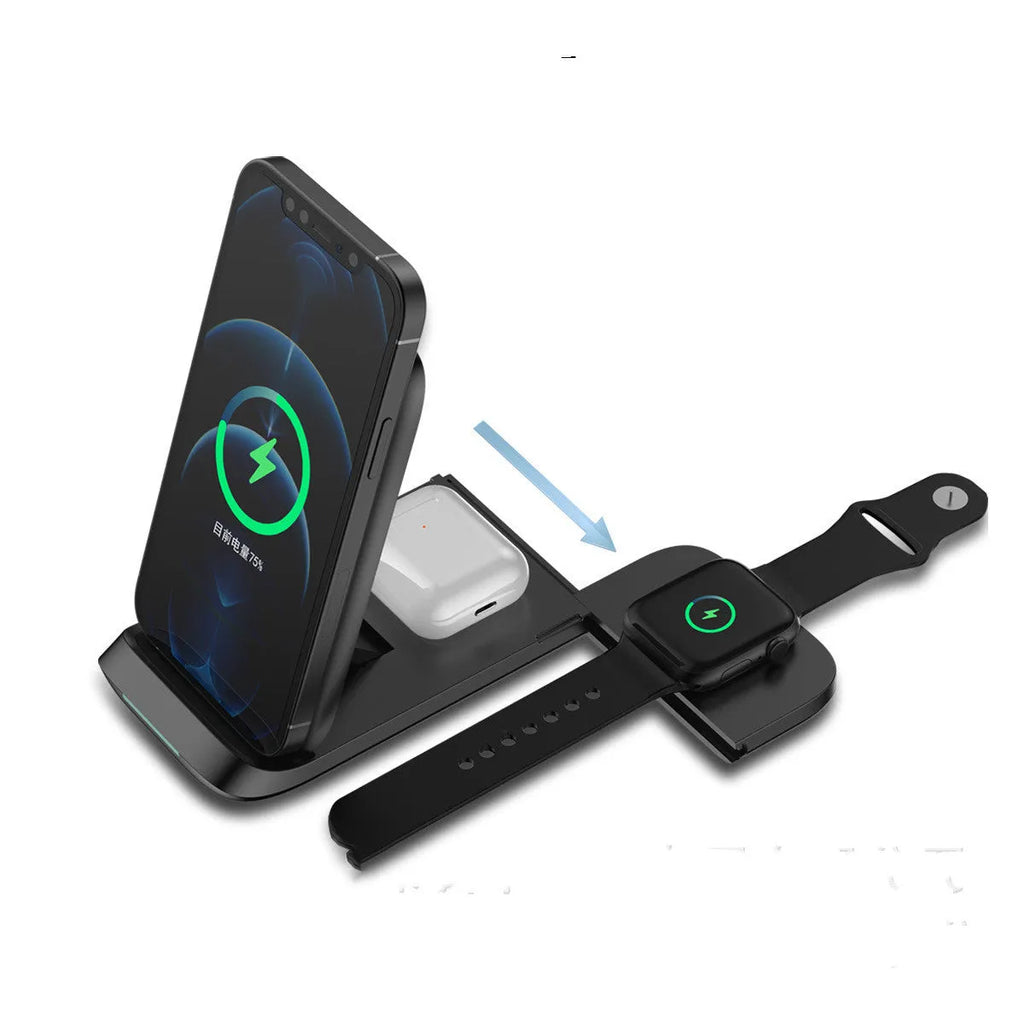 Black foldable wireless charger showing three devices charging simultaneously