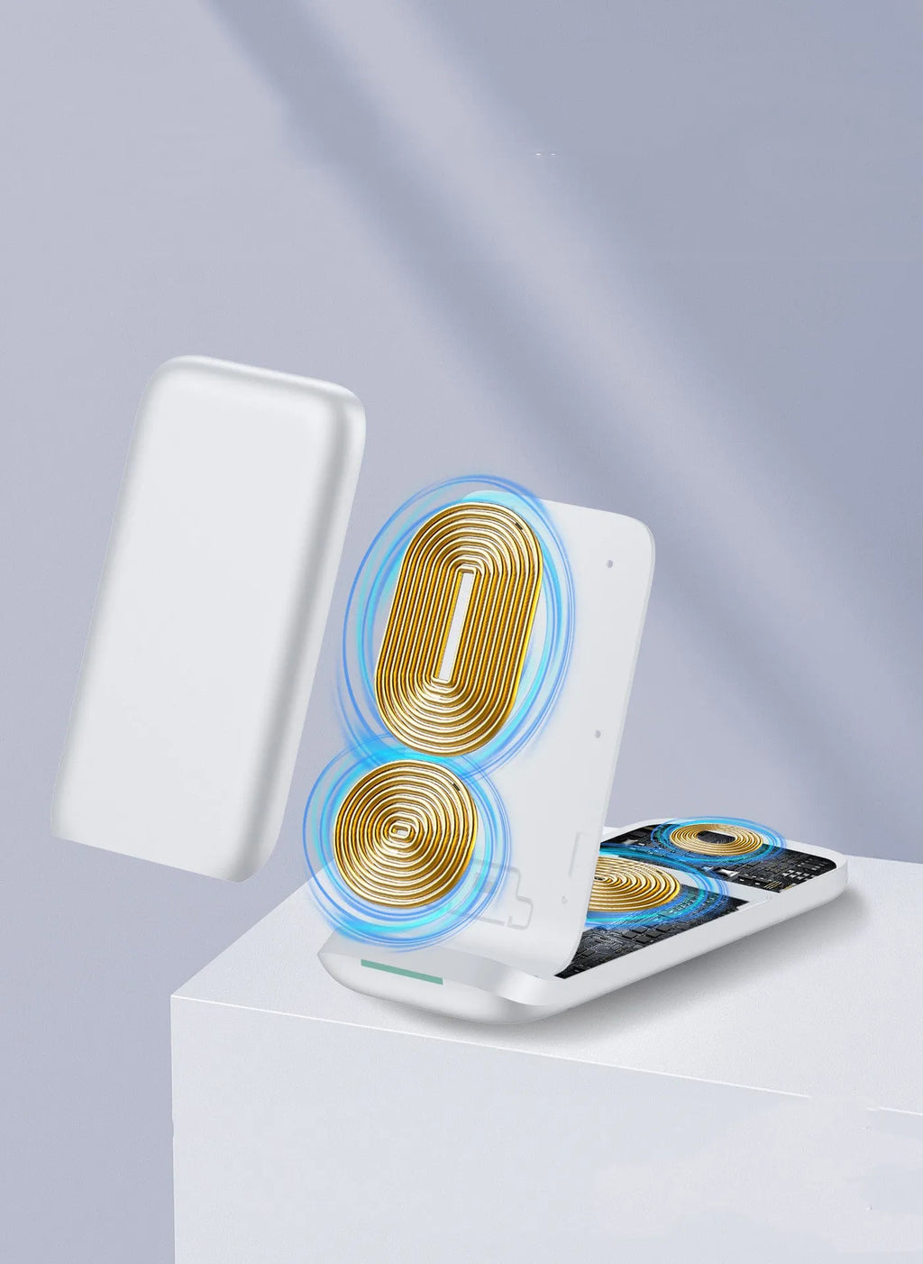 Black foldable wireless charger showing three devices charging simultaneously