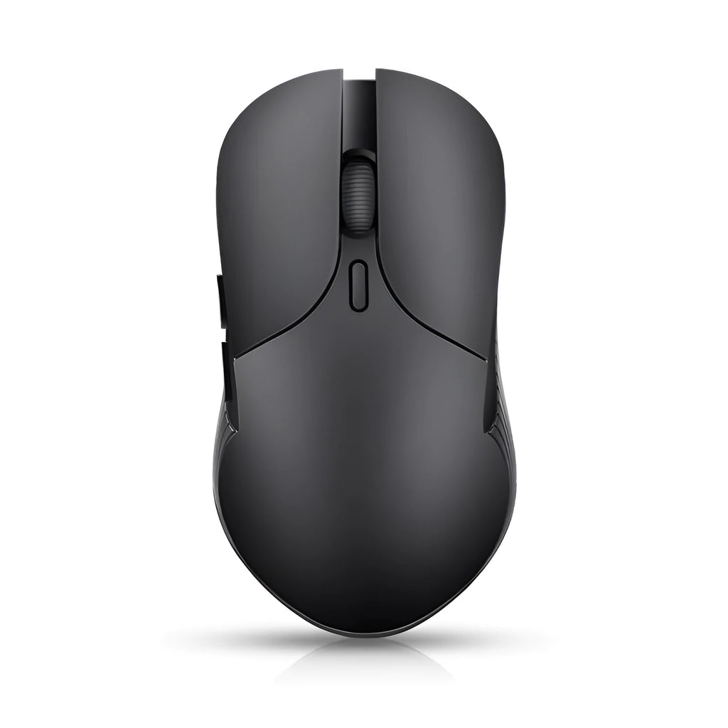 Blue wireless Smart Voice Mouse with voice control button on a desk next to a laptop.