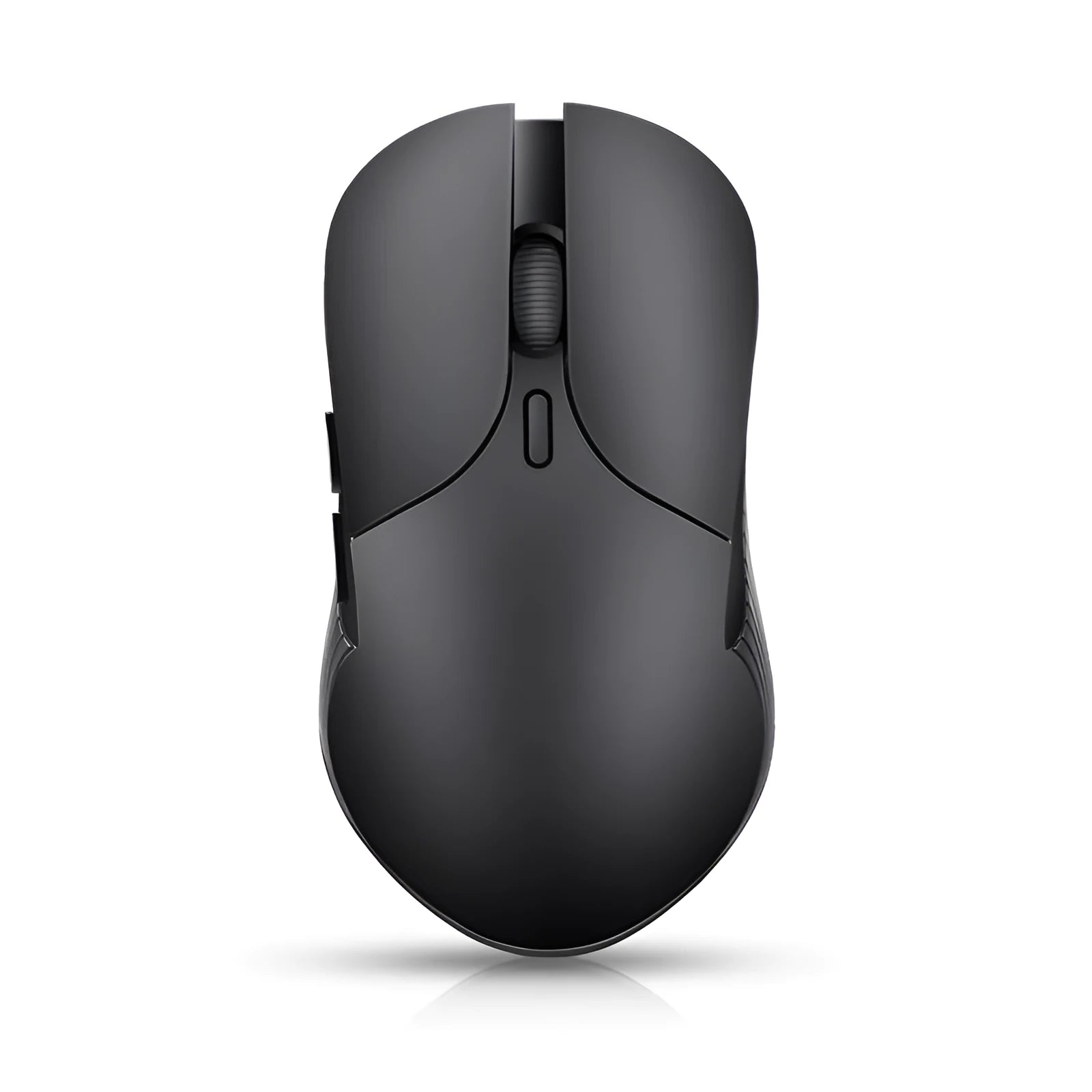 Blue wireless Smart Voice Mouse with voice control button on a desk next to a laptop.