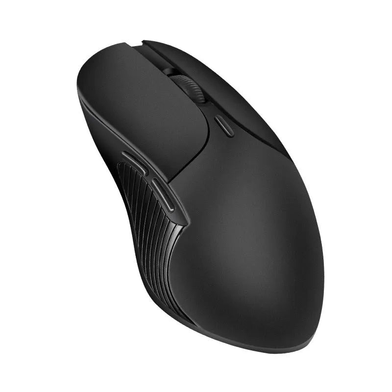 Blue wireless Smart Voice Mouse with voice control button on a desk next to a laptop.
